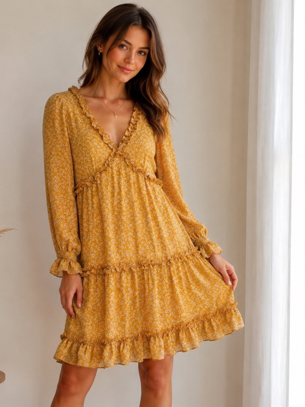 Yellow Ruffled Tiered Long Sleeve Sundress